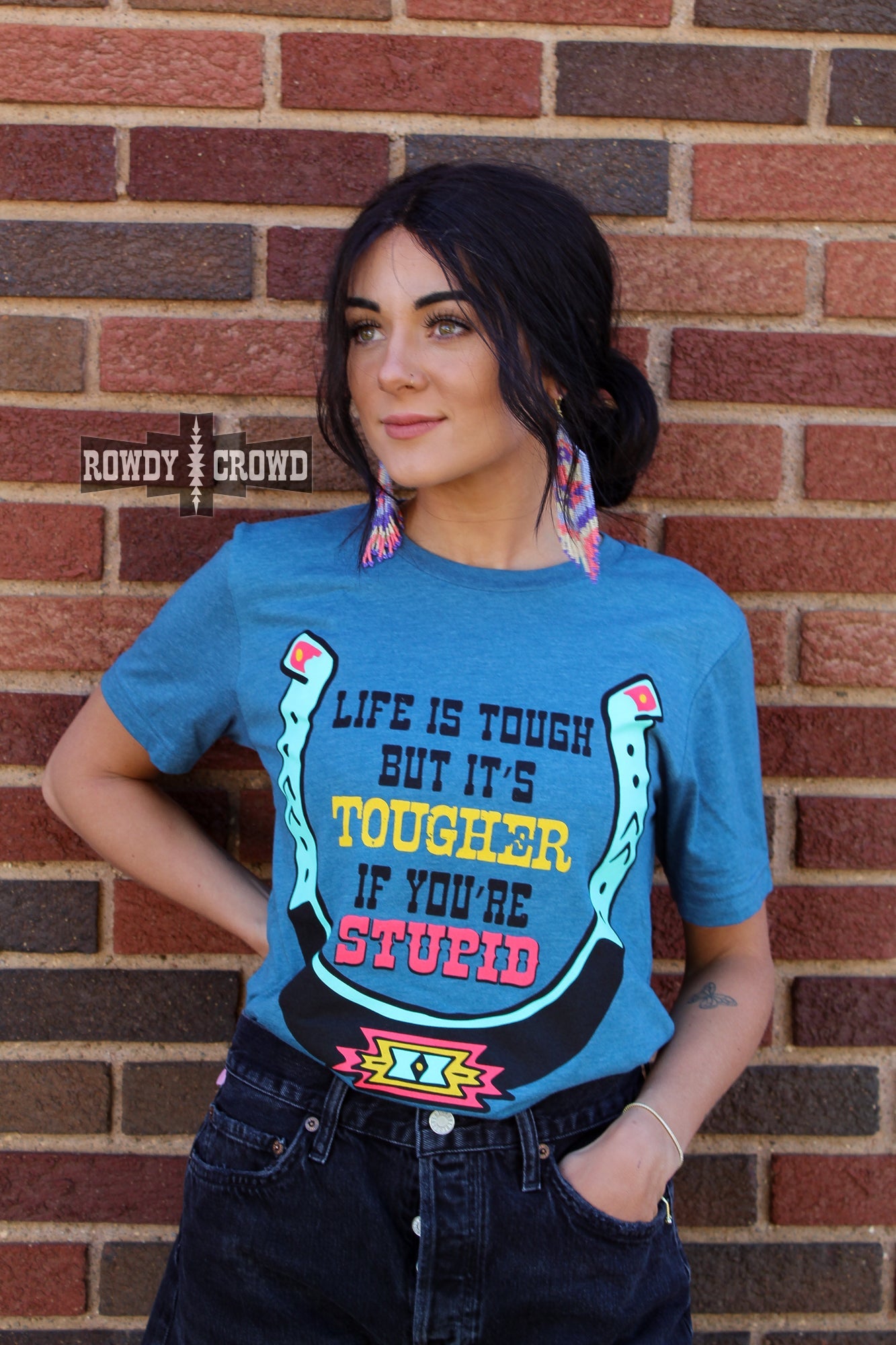 western apparel, western graphic tee, graphic western tees, wholesale clothing, western wholesale, women's western graphic tees, wholesale clothing and jewelry, western boutique clothing, western women's graphic tee, western cowgirl tee, western horseshoe tee, John Wayne quote graphic tee, tougher if you're stupid graphic tee