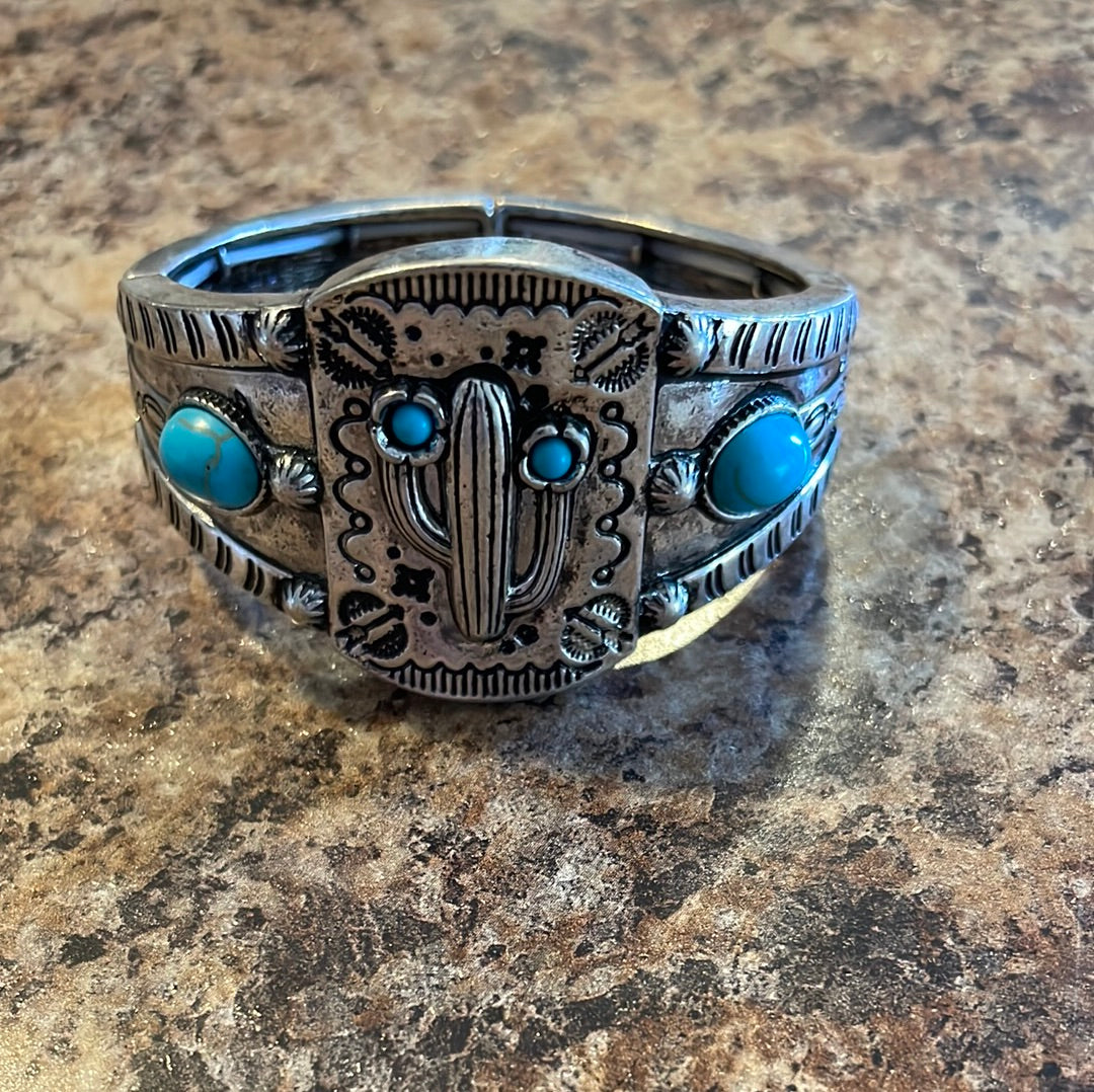 Turquoise/Silver Cactus Stretch Bracelet